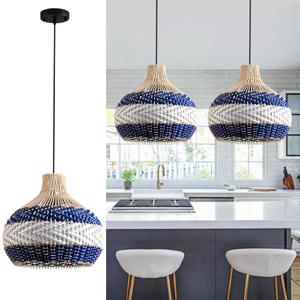 3-Light Rattan Pendant Light 15" Hand-Woven Blue White Wicker Basket Chandelier Boho Faux Rattan Hanging Light,for Living Room Bedroom Kitchen Hallway Dining Farmhouse