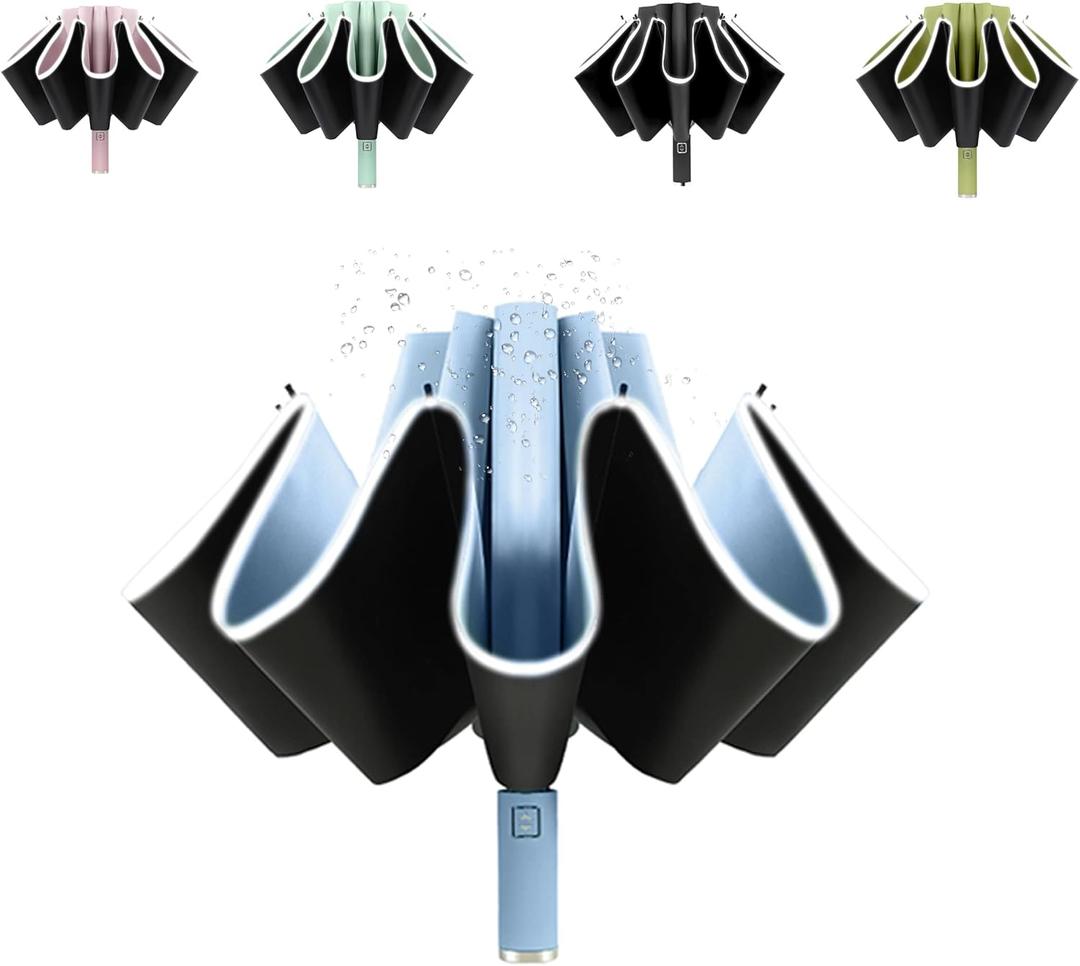 BAODINI Inverted UV Umbrella for Rain and Sun Medium Size UPF 50+ Rverse Compact Umbrella Auto Open Close (46 inch Arc Canopy, Light Blue)