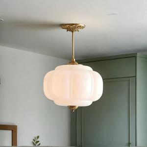 Vintage Gold Milk Glass Pendant Light Fixture,White Glass Chandelier, 15in