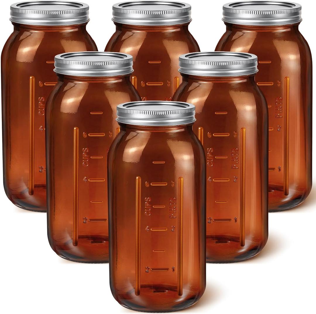 6 Pieces 64 oz Amber Glass Mason Jars Glass Mason Jars Amber Canning Jar Container Set Embossed Half Gallon Fermenting Jars with Airtight Lids for Canning Freezing Preserving Beverages Jar Decor