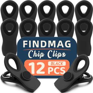 12 Pack Magnetic Chip Clips, Bag Clips for Food Packages, Kitchen Clip with Magnet for Fridge, Plastic Assorted Colors Bag Clip for Fridge, Kitchen (Black)