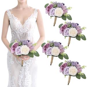 SEMONONIA Artificial Bridesmaid Bouquets 4Pcs 7 Inch Bridesmaid Bouquets Fake Floral Silk Rose Handmade for Wedding Holding Flowers, Bridal Shower, Engagement Wedding Ceremony Anniversary Lilac