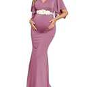 AISWI Maxi Maternity Dress with Flower Sash Semi Formal Baby Shower Wedding Guest V-Neck Handkerchief Sleeves Elegant, Light Plum, Medium