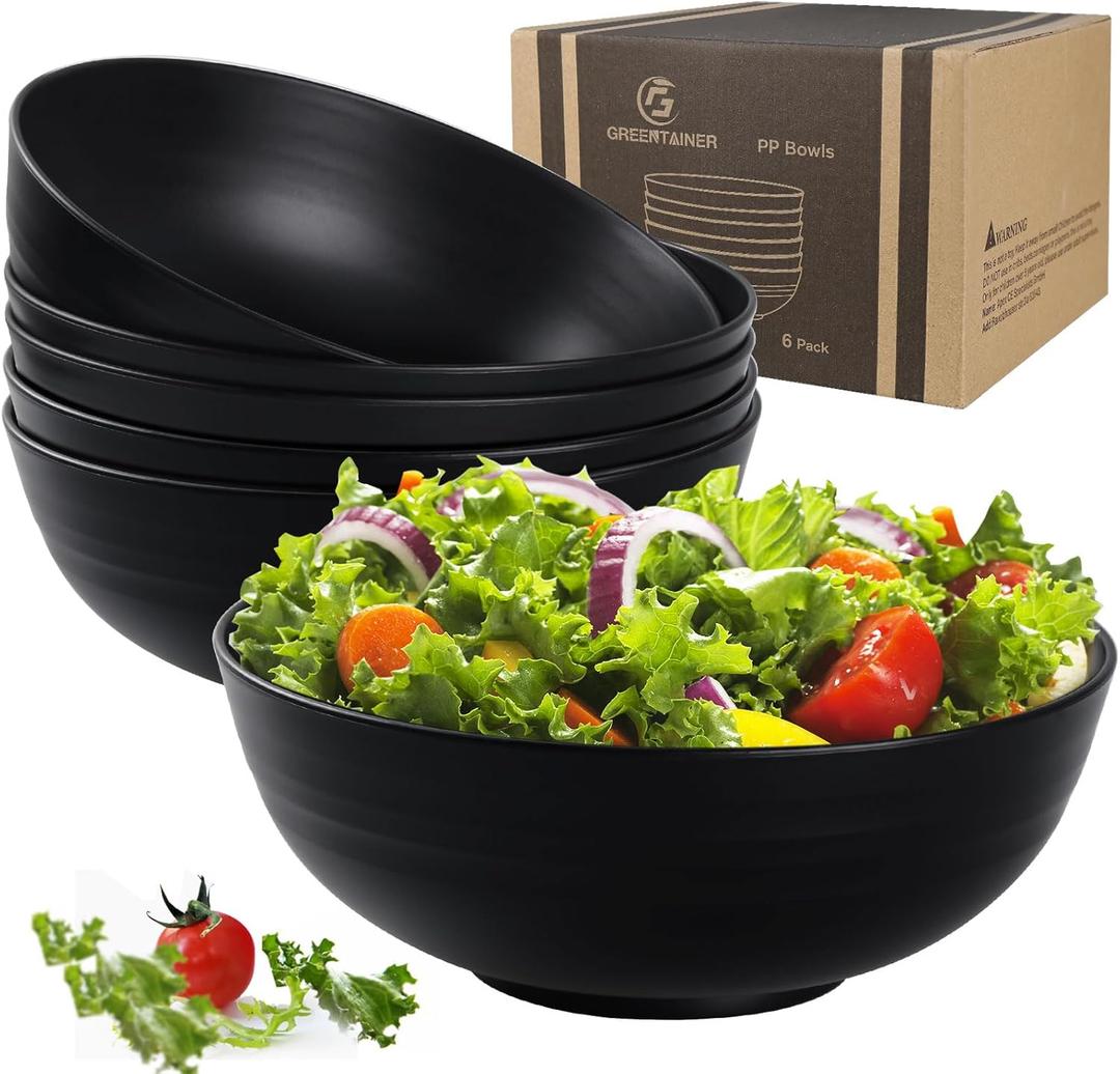 Greentainer Unbreakable Large Salad Bowls, 76 oz Plastic Serving Bowl Set of 6, Lightweight Black Bowl for Soup, Cereal, Fruit, Popcorn, Dishwasher & Microwave Safe