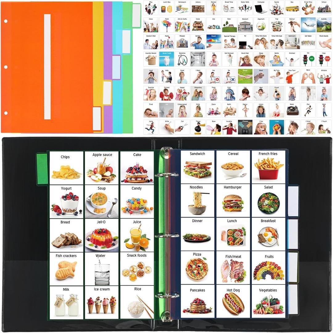 Communication Book Bulk 162 Laminate Icon Picture Cards with 5 Multicolor Dividers 1 Sentence Strip for Autism Vocabulary Language Speech Articulation Learning Supplies(Real)