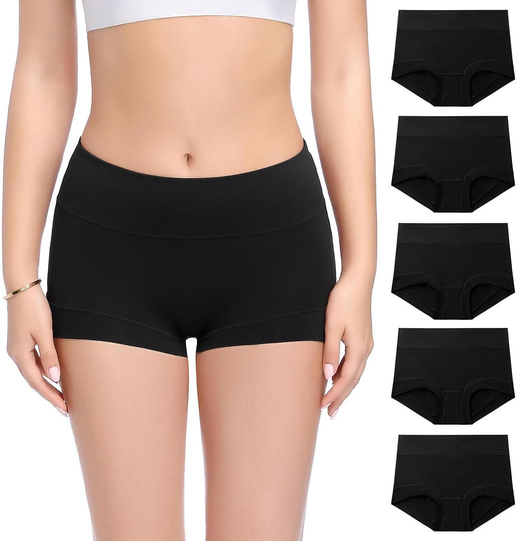 Molasus Womens Cotton Boy Shorts Panties Ladies High Waisted Full Coverage Stretch Underwear Multipack(Regular&Plus Size) (Large, Black)