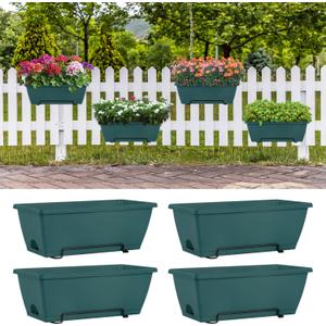 HAITRAL Railing Planter Boxes (16.9 Inch, 4 Pack) Green Plastic Deck Rail Planter for Outdoor Plants, Hanging Window Boxes Planter with Drainage Tray for Over Rail Porch Fence,Balcony & Home Decor