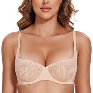 Wingslove Women's Sexy Lace Bra Mesh Balconette See Through Bralette Half Cup Sheer Bras Unlined Underwire Suppport (32B, Nude)