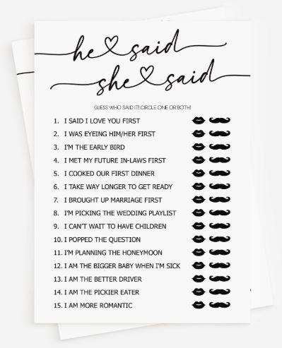 He Said She Said Wedding Game Cards, 35 Pack, Bridal Shower Activity, 4.7 x 6.7 inches, Premium Card Stock, Fun Wedding Party Activity Quiz Questions