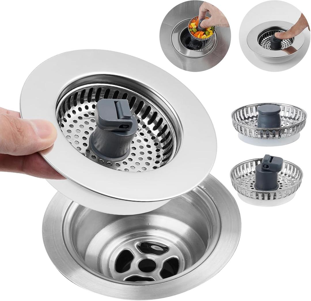 Hibbent 3 in 1 Kitchen Sink Drain Strainer, Stainless Steel Wrapped Shell Drain Stopper Combo, Pop Up Sink Stopper, 3 SUS304 Anti-Clogging Basket Strainer with Handle for US Standard 3-1/2" Drain