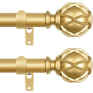 Curtain Rods 2 Pack 32 to 58 Inch, HOTOZON Curtain Rods for Windows, 3/4 Inch Single Splicing Drapery Rod with Netted Finials, Antique Gold