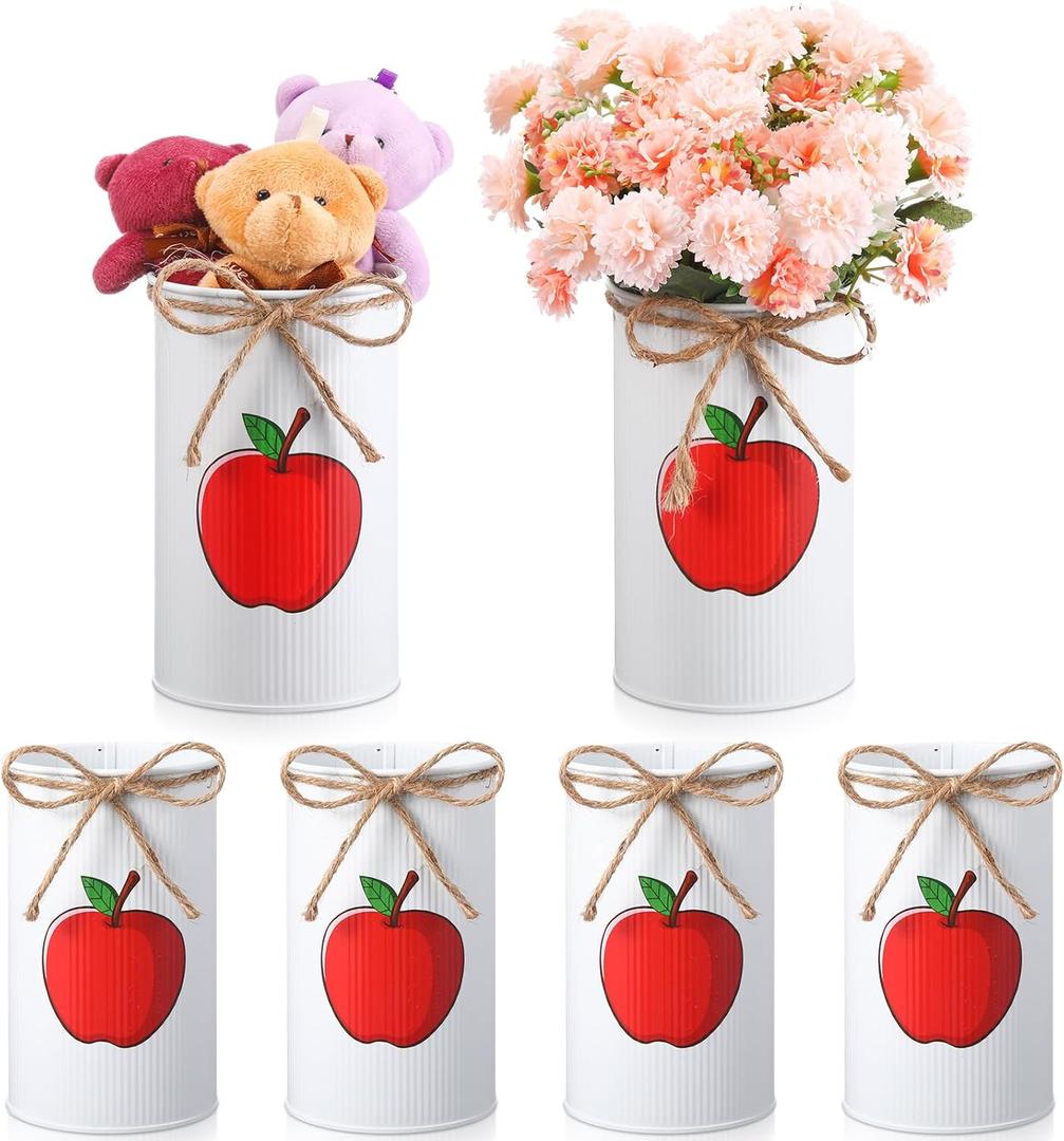 Domensi 6 Pcs Fall Apple Decorations Apple Vases Autumn Thanksgiving Table Centerpieces Galvanized Metal Vase for Flower Mason Jar Utensil Holder for Home Office Decor Teacher Appreciation Gifts(Red)