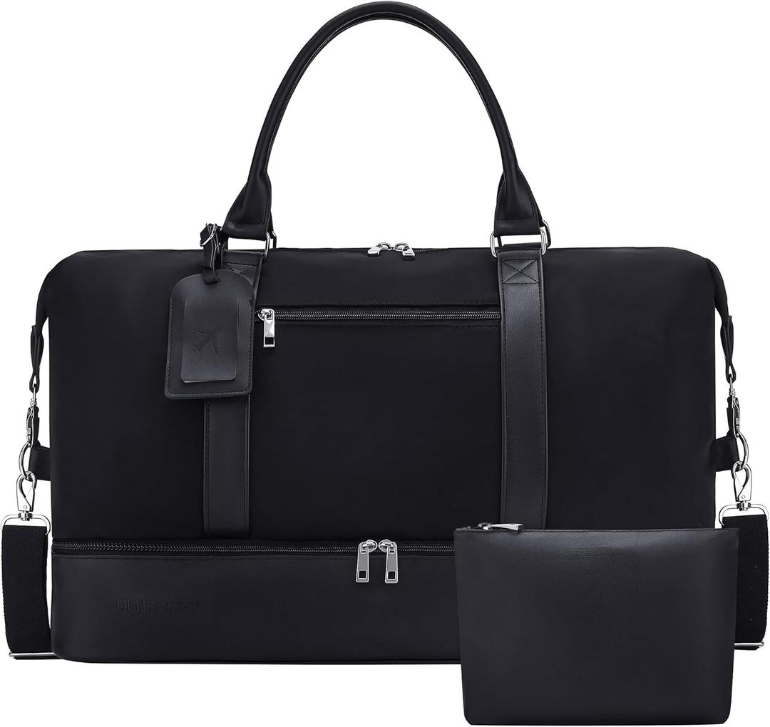 Oeihuivt Weekender Bags for Women - 21 Inch Large Travel Duffel Bag 2-Piece Set with Shoe Compartment, Heavy-Duty Canvas Leather Carry On Overnight Tote (Black + 1 Extra Pack)