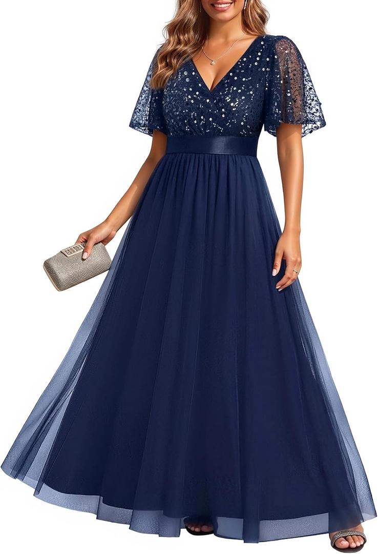 Formal Dresses for Women Prom Evening Gown Sequin Tulle V Neck Ruffle Short Sleeve Empire Waist A Line Long Dress (L)
