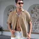 Alex Vando Mens Summer Shirts See Through Sheer Lace Casual Short Sleeve Button Down Beach Shirt (Brown, S)