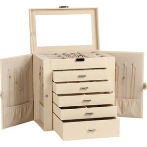 Frebeauty Large Jewelry Box,6-Tier PU Leather Jewelry Organizer,Multi-functional Storage Case with Mirror,Accessories Holder with 5 Drawers for Necklace Bracelets Watches(Beige)