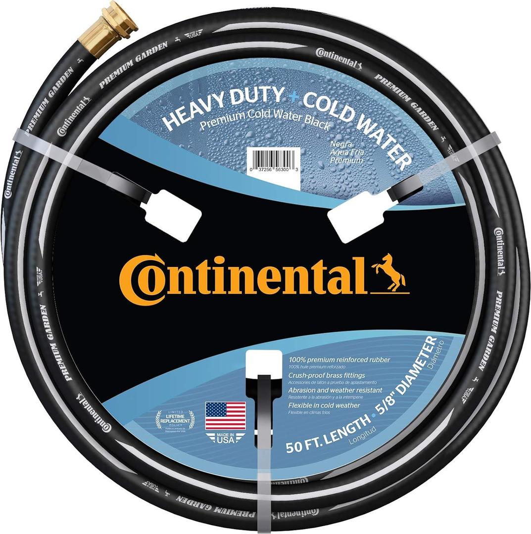 Continental Premium Garden Black Heavy Duty Cold Water Garden Hose, 5/8in Inside Diameter x 50ft Length, Male x Female Garden Hose Thread