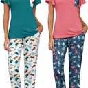 Ekouaer 2 Pack Women's Pajama Sets Short Sleeve with Long Pajama Pant Set Soft Sleepwear Printed Pj Lounge Sets with Pockets (Large, Dogs+Cats)