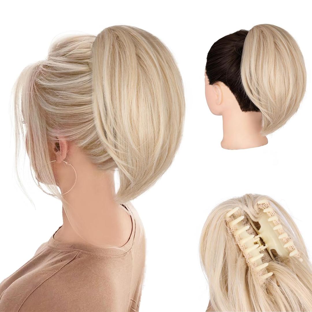 ZQIAN BEAUTY Clip on Ponytails for Women - 10 Inch Short Ponytail Extension, Straight Pony Tails Hair Extensions, Synthetic Hair Extensions Ponytail, Clip in Ponytail (Color: Beige)