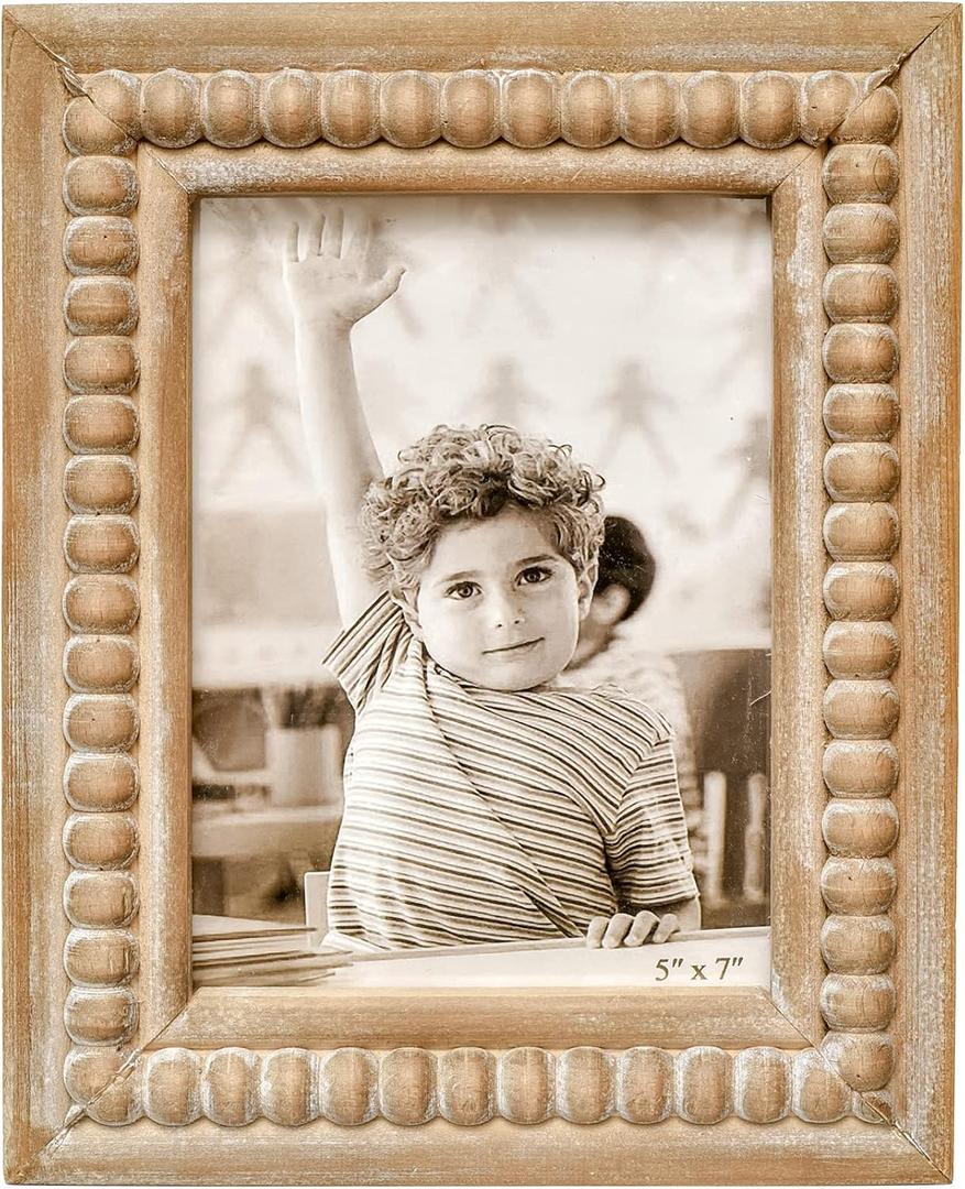 Large Rectangular Natural Wood Picture Frame With Decorative Beads- Perfect for 5x7 Single Photos - Farmhouse Gift Idea for Family and Friends