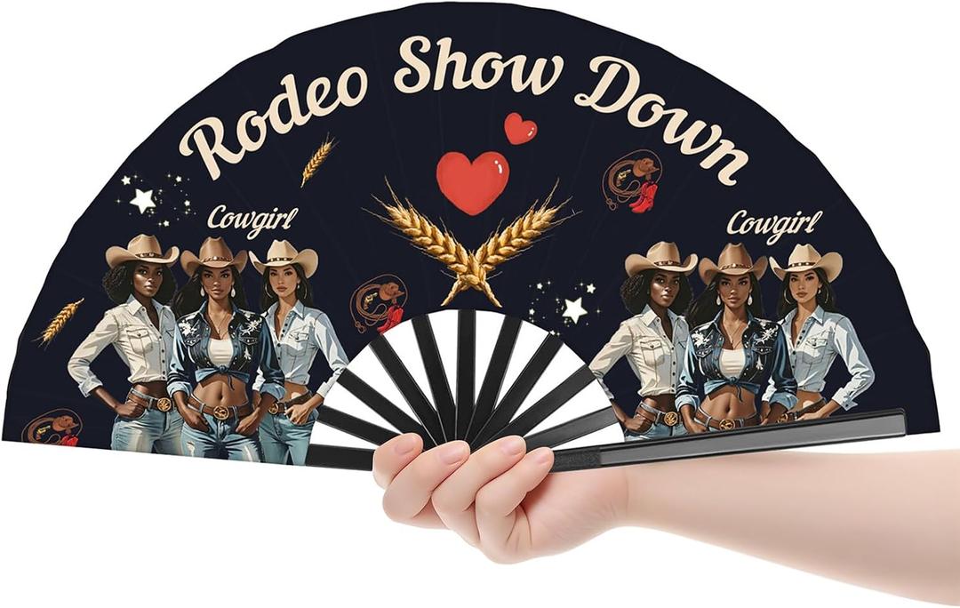 2 x Cowgirl Fans with Click for Line Dance, Rodeo Show Hand Fan, Where Them Fans At, Large Festival Folding Fan, 26 In