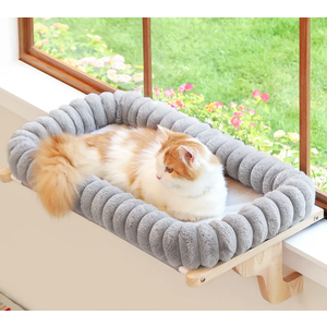 Zakkart SnugCloud Cat Window Perch with 4Sided Bolster  Orthopedic Cat Hammock for Window Sill  Solid Hardwood & Metal Frame  Window Seat for Pets (Natural Color Wood w/Brown Bed, Medium)