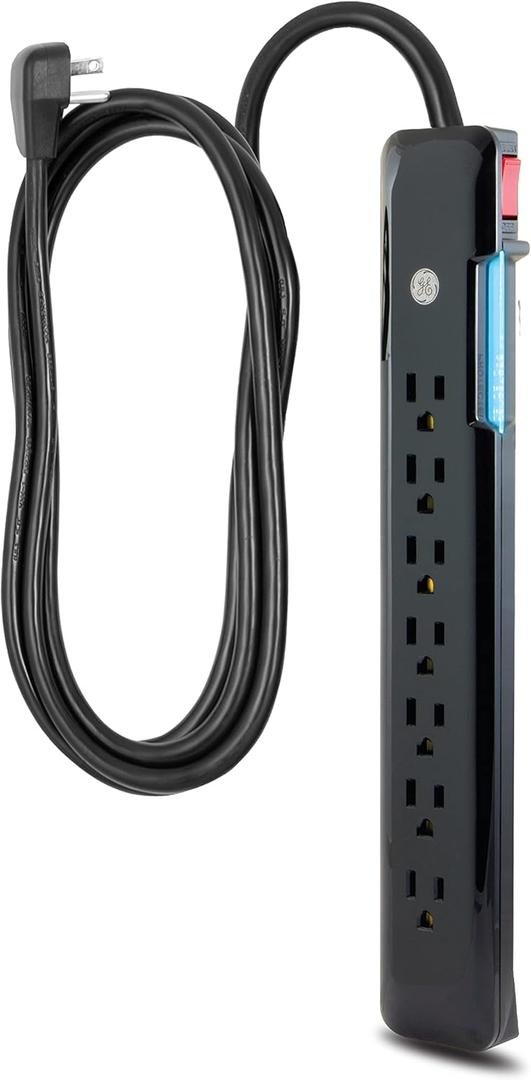 GE 7-Outlet Surge Protector, 4 Ft Power Cord, 1080 Joules, Flat Plug, Power Filter, Circuit Breaker, UL Listed, Black, 34460