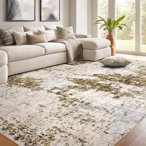 Living Room Area Rugs - 9x12 Washable Abstract Large Soft Indoor Rug Neutral Modern Low Pile Carpet for Bedroom Dining Room Farmhouse Home Office - Light Brown
