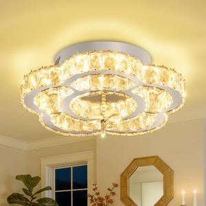 Flashing God W16'' Modern Chandeliers for Living Room Crystal Ceiling Light Fixtures LED Flush Mount Light for Foyer Hallwey Bedrooms Dining Room Dimmable 2700k-6000k