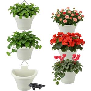 MADHOLLY 6Pcs Vertical Hanging Planters for Outdoor Plants - Wall Plant Holder for Indoor Decorations Garden Fence, Plastic Flower Pots with Drainage Grid and Hooks (White)