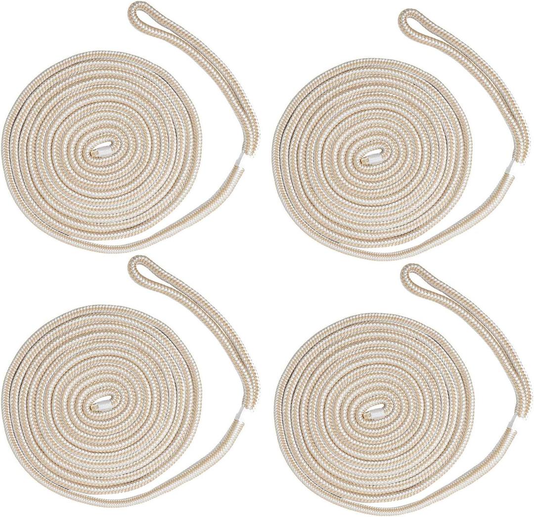 NovelBee 4 Pack of 3/8“x15’ Double Braid Nylon Dockline,Mooring Rope Dock Line,Working Load Limit 660 lbs,Breaking Strength 3,300 lbs (White/Gold)