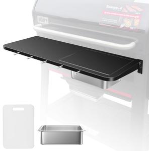 Uniflasy Folding Front Grill Table for Weber Searwood XL 600 Pellet Grill | 35 x 12.5 in heavy-duty steel prep shelf with stainless basin, cutting board, lid and 5 hooks; folds down for storage.