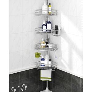 SEIRIONE Corner Shower Caddy Tension Pole, Quick Setup, Rust-Free Bathroom Shower Organizer Corner for Bathtub Shampoo Storage, 4-Tier Adjustable Shelf, Drill Free, Fits 34 to 116 Inch Height, Silver