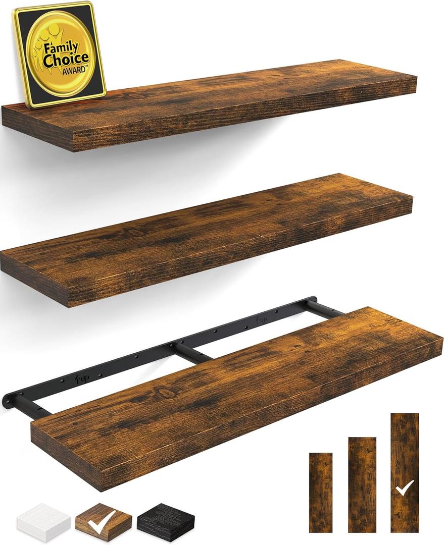 BAYKA Floating Shelves for Wall, 36 inches Wall Mounted Rustic Wood Shelves for Bathroom, Bedroom, Living Room, for Storage/Decor with 30lbs Capacity, Rustic Brown, Set of 3