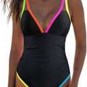 popvil Women's One Piece 2025 Tummy Control Swimsuits Neon Color Block Swimwear Deep V Neck Slimming Bathing Suit Large