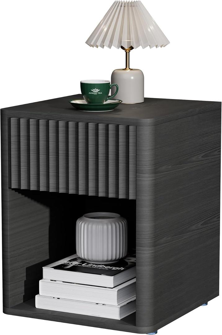 VICITON Fluted Narrow Night Stand,Thin Nightstand with Leather Surface, Small End Table with Storage, Living Room/Bed Side Table for Small Spaces (Dark Gray, Large) (Large(15.7 inch))