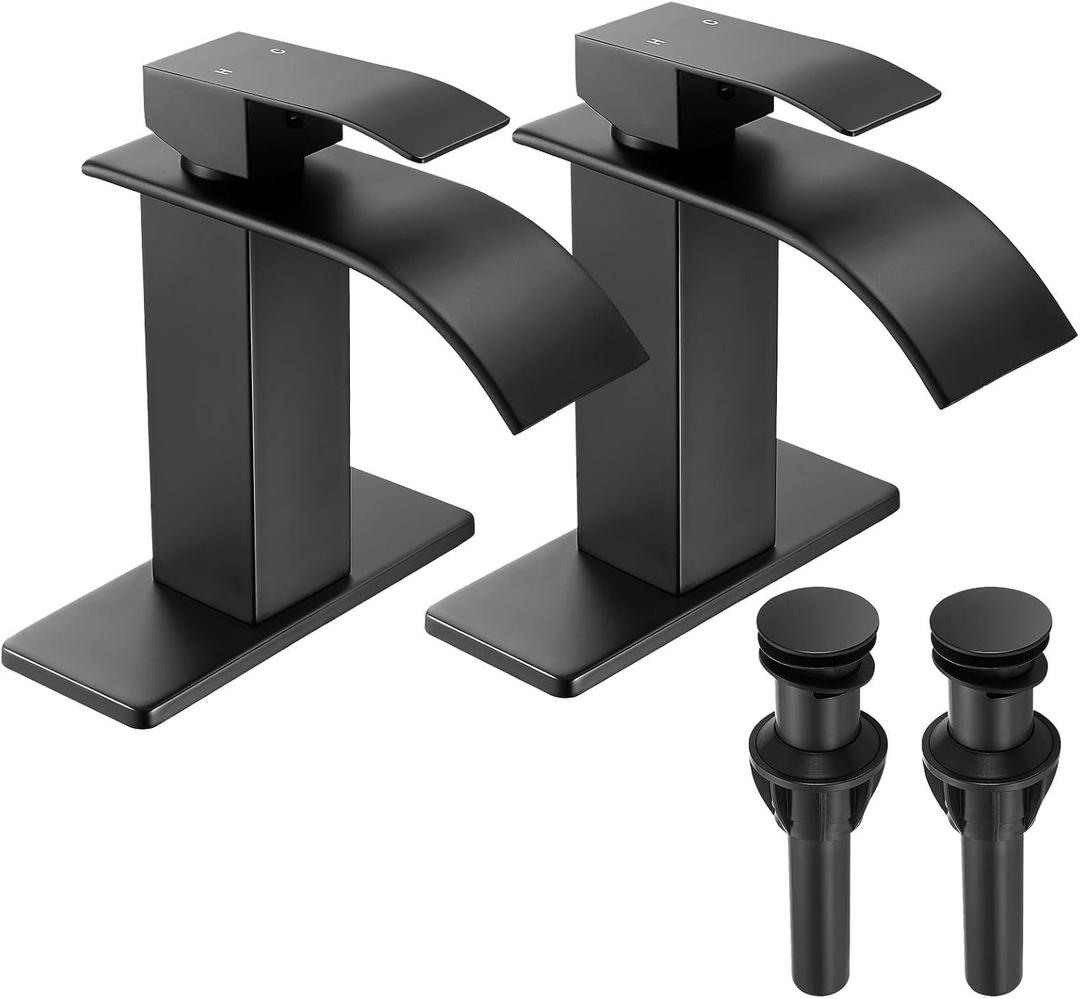 FRANSITON Black Waterfall Bathroom Faucet Lavatory Single Handle 1 or 3 Hole Bathroom Sink Faucet Washbasin Faucet with Deck and Pop-up Drain (Matte Black- Set of 2, Short)