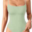 MANGOPOP Women's Cami Thong Bodysuit Double Lined Square Neck Backless Body Suit Adjustable Spaghetti Strap Tank Tops S