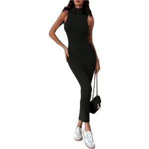 GORGLITTER Women's Turtleneck Long Sweater Dress Fall Sleeveless Elegant Bodycon Knitted Maxi Dresses (Large, Black)