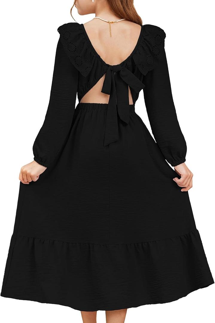 blibean Tween Girls Tie Back Dresses Embroidery Sleeve Size 6-15 Years