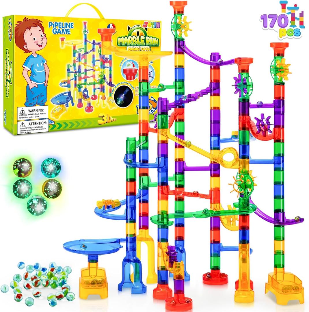 JOYIN 170Pcs Glowing Marble Run, Construction Building Blocks Toys with 5 Glow in The Dark Glass Marbles, STEM Educational Building Block Toy, Birthday Gifts, Easter Basket Stuffers
