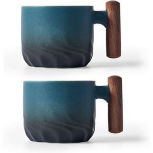 Ceramic Espresso Cups with Wooden Handle Espresso Shot Cups Ceramic Tea Cups Porcelain Demitasse Cups for Coffee or Tea, 2 Oz (Blue, 2) (3 Ounces)