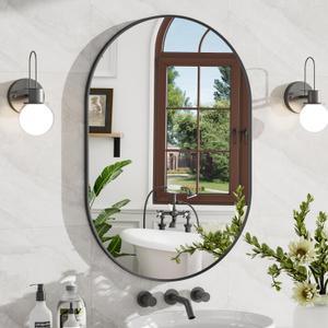 24x32 Inch Black Oval Bathroom Mirror, Wall Mounted Vanity Mirror for Over Sink, Tempered Glass with Aluminum Frame, Vertical or Horizontal Hanging