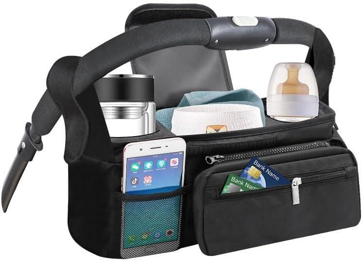 PandaEar Universal Stroller Organizer with Insulated Cup Holders, Parent Console Caddy with Detachable Shoulder Strap & Phone Pouch, Large Capacity Stroller Accessories Bag