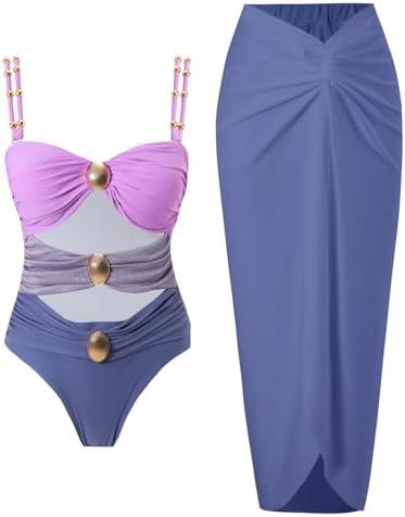 YUNIDMEIM Women's One Piece Swimsuit with Cover up Set Beach Wrap Skirt Retro Bikini Set Two Piece Bathing Suit with Cover up L