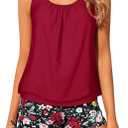 Yonique Blouson Tankini Swimsuits for Women 2 Piece Bathing Suits Tops with Boyshorts Modest Loose Fit Swimwear (Large, Red Floral)