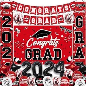NUTTYBASH Graduation Decorations Class of 2024, Red Graduation Party Decorations Set Includes Congrats Grad Backdrop Banner, 2024 Foil Balloons and Latex Balloons, Graduation Party Supplies