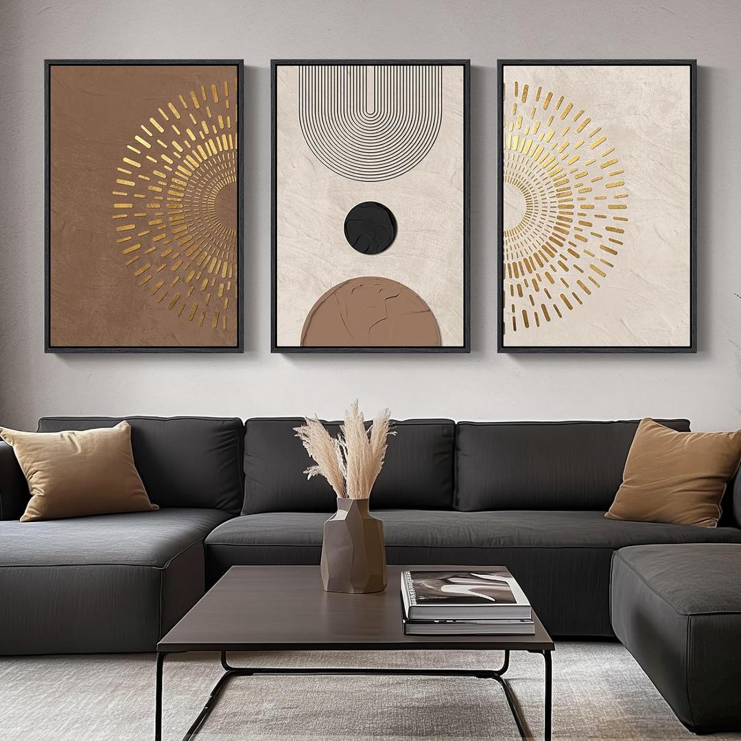 Large Framed Boho Neutral Abstract Wall Art for Living Room, 3 Piece Canvas Prints Paintings Artwork for Walls, Minimalist Brown Beige Gold Geometric Pictures for Hallway Stair Office Wall Decor 24x36 (Radiant)