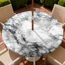 Round Outdoor Tablecloth with Zipper and Umbrella Hole, Fitted Table Cloth with Elastic, Oil Waterproof Tablecover for Patio Picnic Camping Garden Fits 45"-48" Round Table, Gray Marble
