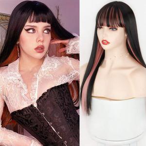 Swiking Black and Pink Long Straight Wig for Women with Bangs Synthetic Hair Heat Resistant Fiber Wig Natural Looking Halloween Party Cosplay Wig